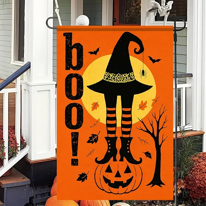 Boo Halloween Garden Flag 12x18 inch Double Sided Witch Hat Legs Jack-O-Lantern Banner Spooky Pumpkin Flags Small Yard Flag for Halloween Outdoor Decoration Porch Lawn Garden Decor