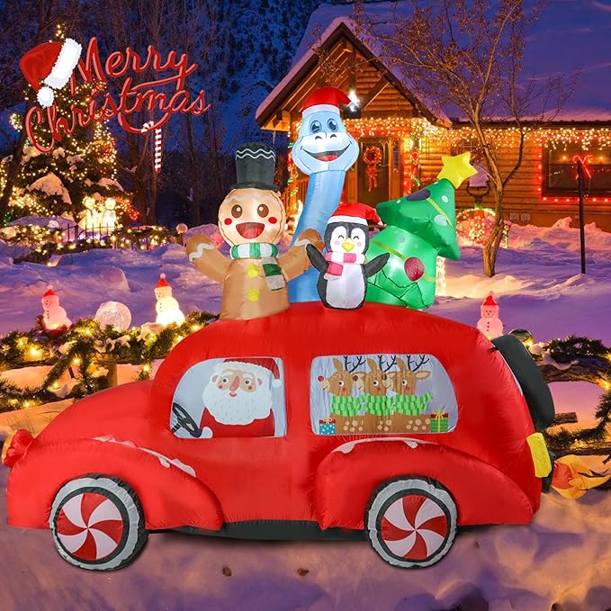 7.5 FT Long Christmas Inflatables Gingerbread Man Penguin Dinosaur with Xmas Tree and Santa Outdoor Decorations, Inflatables Car Blow up with Built-in LED Lights for Party Lawn Outdoor Yard