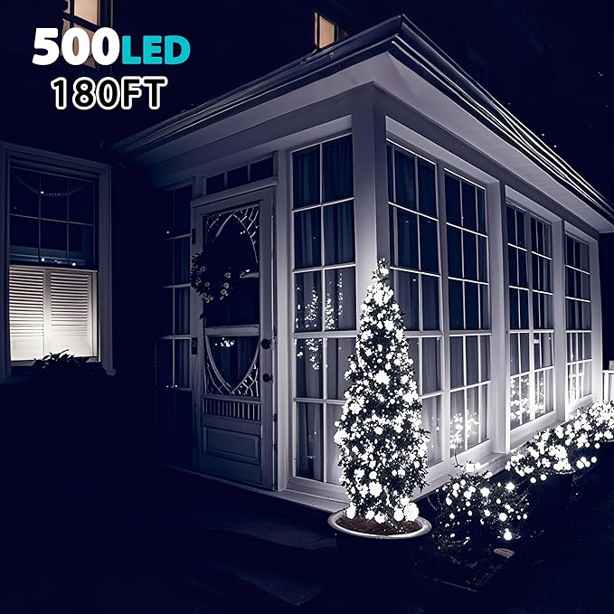 BHCLIGHT Extra-Long 165FT 500LED Christmas String Lights Outdoor/Indoor, Timer & Memory & 13 Modes, Cool White String Lights Waterproof Green Wire Tree Lights for Xmas Holiday Party