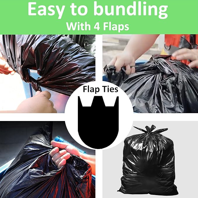 30-33 Gallon 1.1 Mil Heavy Duty Trash Bags 60 Count with 4 Innovative Flap Ties | Compatible with Rubbermaid Brute & Winco & Behrens 30-33 Gallon Round Trash Can | Tear & Leak Resistant Black