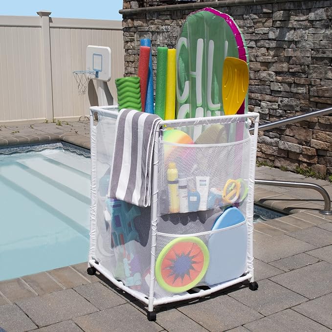Essentially Yours Rolling Pool Storage Organizer Bin, Medium, (25.4" W x 25.4" L x 40" H), White Style 417227