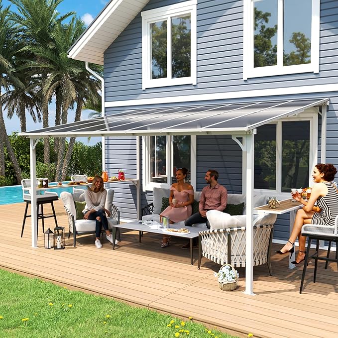 MEISSALIVVE 10' x 14' Wall Mounted Gazebo, Outdoor BBQ Grill Gazebo with Side Shelf, Lean to Metal Awnings with Sloped Roof, Heavy Duty Pergola for Backyard, Deck, White