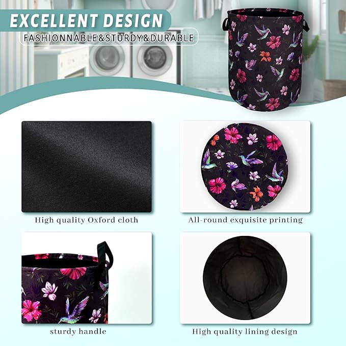 Beautiful Hummingbird Hibiscus Flower Laundry Basket Foldable With Handles Tote Bag Oxford Cloth Colorful Laundry Hamper Clothes Storage Bucket For Bathroom/Laundry/Bedroom 18.9" x 16.5 "