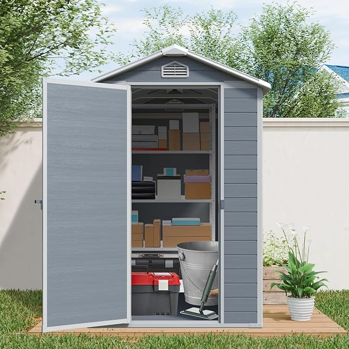 6X4 FT Outdoor Storage Shed W/Window & Air Vent,Resin Shed W/Lockable Door & Sloped Roof,Garden Tool House for Backyard Patio Lawn,Gray