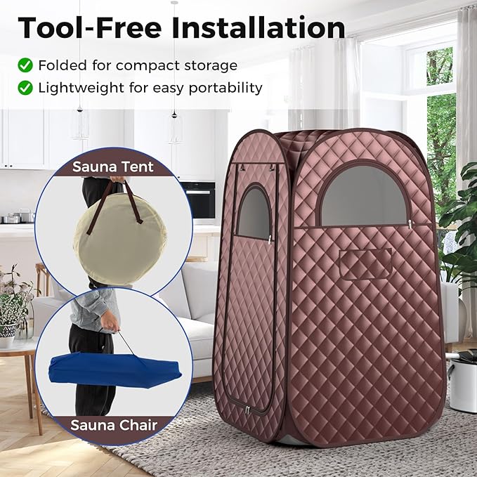 Giantex Portable Sauna, Full Body Steam Sauna w/ 3L Steam Box, Remote Control, Wood Foot Roller & Foldable Chair, Pop-Up Sauna Box for Single Person, Lightweight Personal Sauna Tent for Home (Coffee)