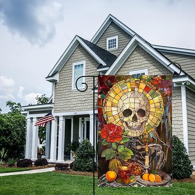 Halloween Horror Garden Flag 12x18 Inch Stained Glass Skull Candle Rose Flag Spooky Skull Outdoor Yard Decoration House Banner Porch Lawn Patio Home Decor