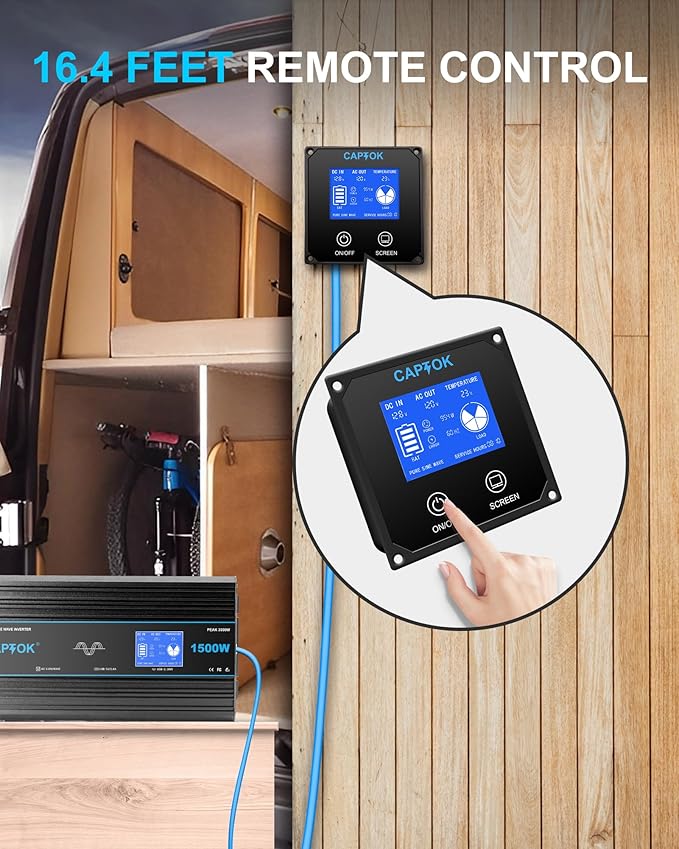 1500W Pure Sine Wave Inverter DC 12V AC 120V Double LCD Screen Remote Control Power Inverter 30W USB-C 4AC Outlets for RV, Home, Solar System