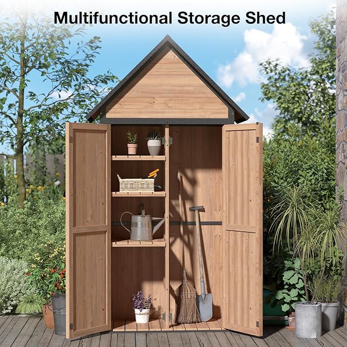 Outdoor Storage Shed with Strongest Metal Frame, Storage Cabinet with Floor, Weatherproof Tool Shed with Adjustable Shelfs, Lockable Metal Garden Shed Steel for Backyard Patio (Light Brown)