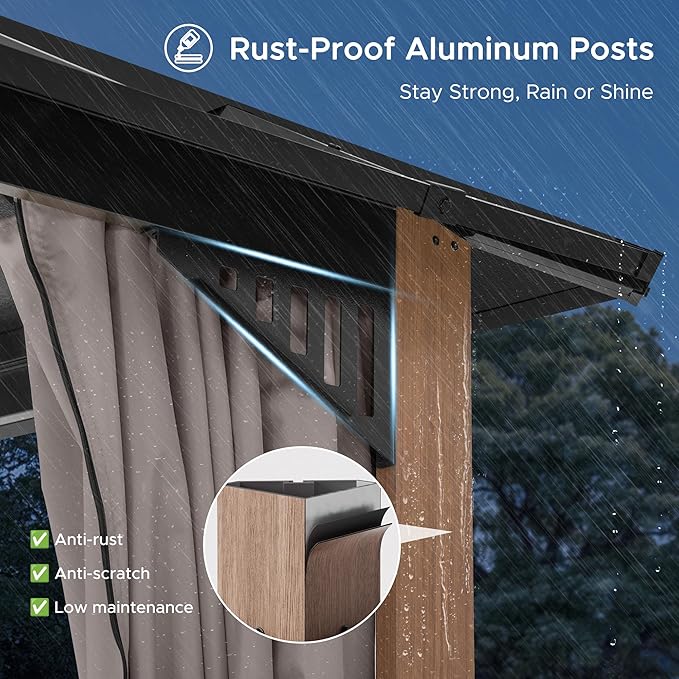SUNJOY Kingston 10' x 10' Hardtop Gazebo with Galvanized Steel/Polycarbonate Double Roof, Curtain and Netting, Woodgrain Finish Aluminum Posts Permanent Pavilion Gazebo for Garden, Patio, Deck, Lawn