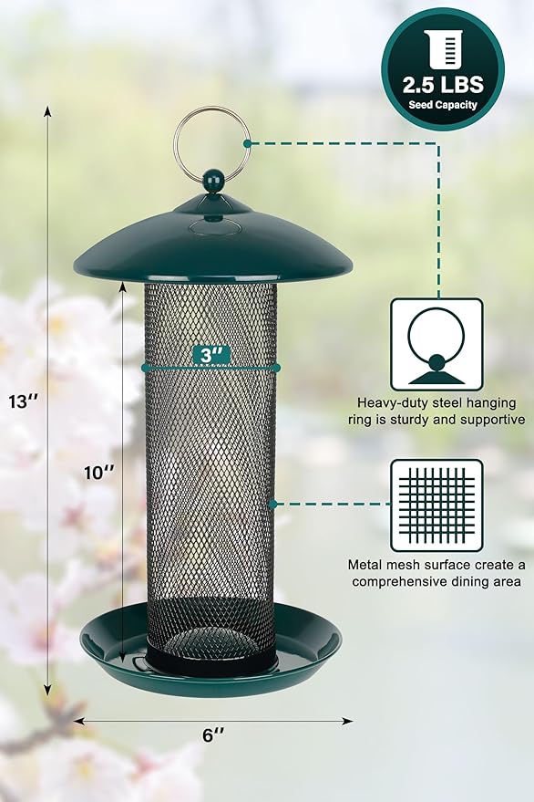 Gtongoko 2 Pack Finch Bird Feeders for Outdoors 2.5 LB Capacity Squirrel Proof Metal Tube Bird Feeders Thistle & Nyjer Seed Hanging Feeder, Green