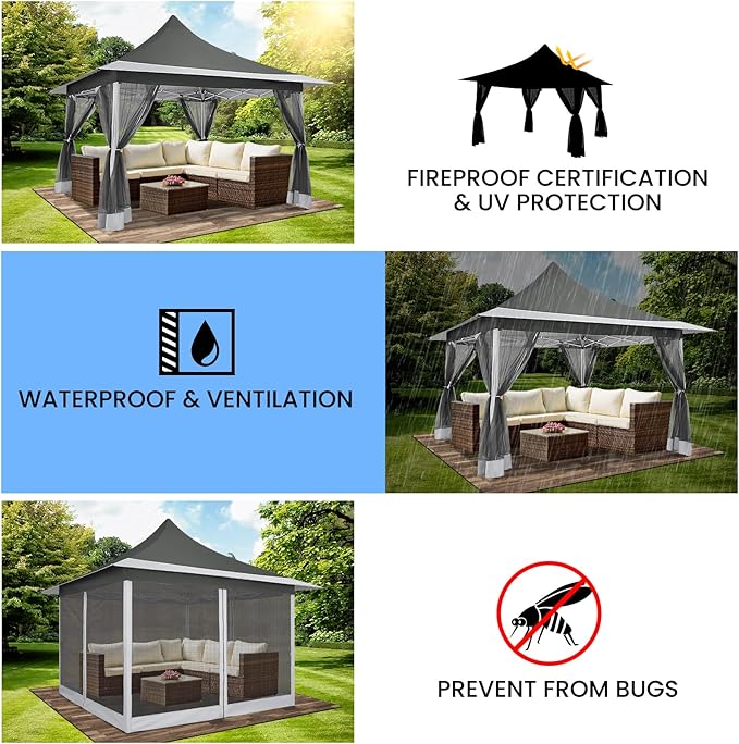 COBIZI 12x12 Pop up Gazebo on Clearance with Mosquito Netting,Waterproof Roof & Sandbags,Outdoor Canopy Tent with 4 Ropes,8 Stakes&Carrying Bag,Portable Patio Gazebo for Garden,Backyard&Lawn,Darkgrey