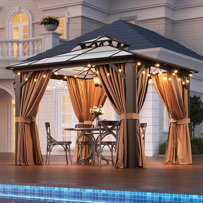 Aoxun 10'x10' Hardtop Gazebo, Aluminum Frame Permanent Pavilion with Netting and Curtains, Outdoor Polycarbonate Double Roof Canopy, Designed for Lawn, Garden, Patio (Khaki)
