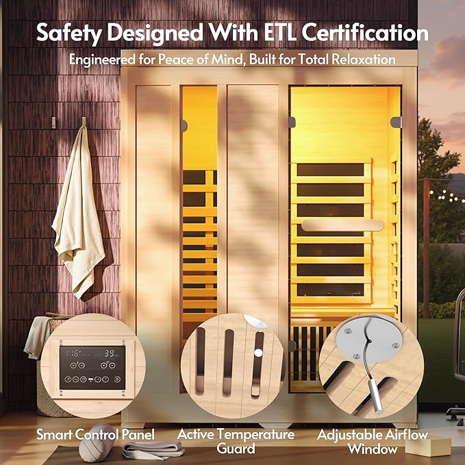 Infrared Sauna at Home 2-3 Person with 7 Color Therapy, Low EMF 2250W Fast Heating Canadian Hemlock Wood Sauna, Indoor Dry Sauna with Bluetooth Speakers for Home, Gym (5Lx3.6Wx6.3H Ft)
