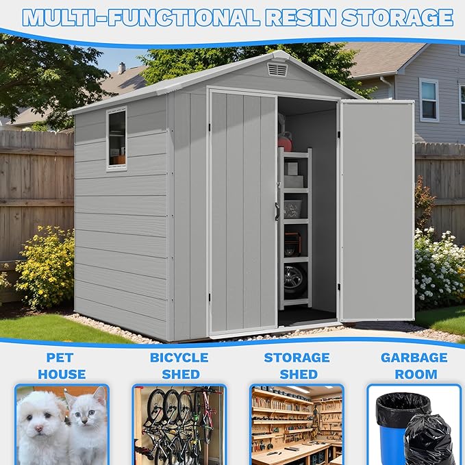 Greesum 6x6FT Plastic Outdoor Storage Shed with Floor, Resin Sheds with Lockable Double Door, Window & Vents, All-Weather Tool Sheds for Garden, Backyard, Patio, Light Gray