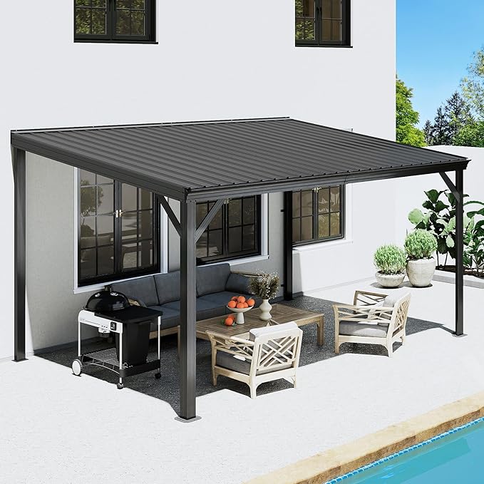 Domi 10’x12’ Lean-to Gazebo, Hardtop Wall-Mounted Gazebo Pergola with Sloping Galvanized Steel Roof and Upgraded Drainage System, Outdoor Permanent Metal Shelters for Patio Backyard Deck, Grey