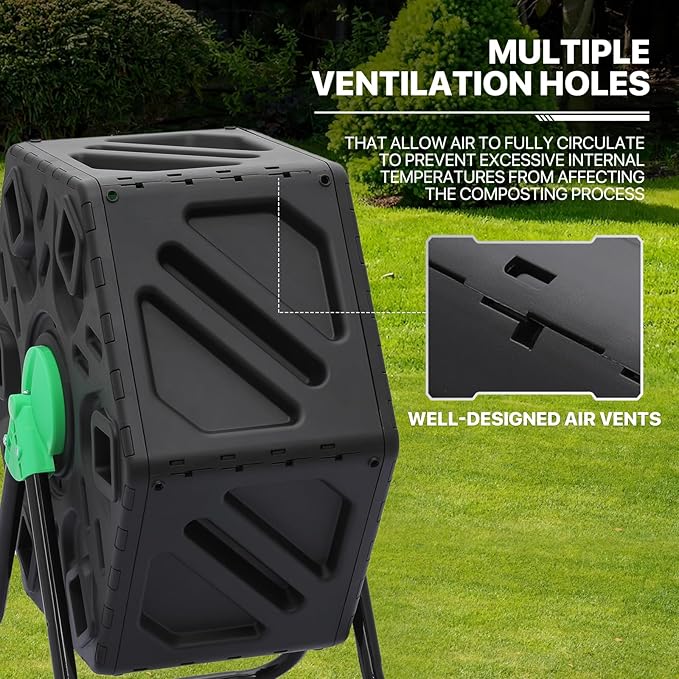 MoNiBloom 17 Gallon Single Compost Tumbler, BPA Free Outdoor Light Weight Compost Bin w/Sliding Door, All-Season Fast Working Rotating Chamber Composters for Garden Patio