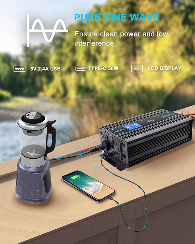 1500W Pure Sine Wave Inverter DC 12V AC 120V Double LCD Screen Remote Control Power Inverter 30W USB-C 4AC Outlets for RV, Home, Solar System