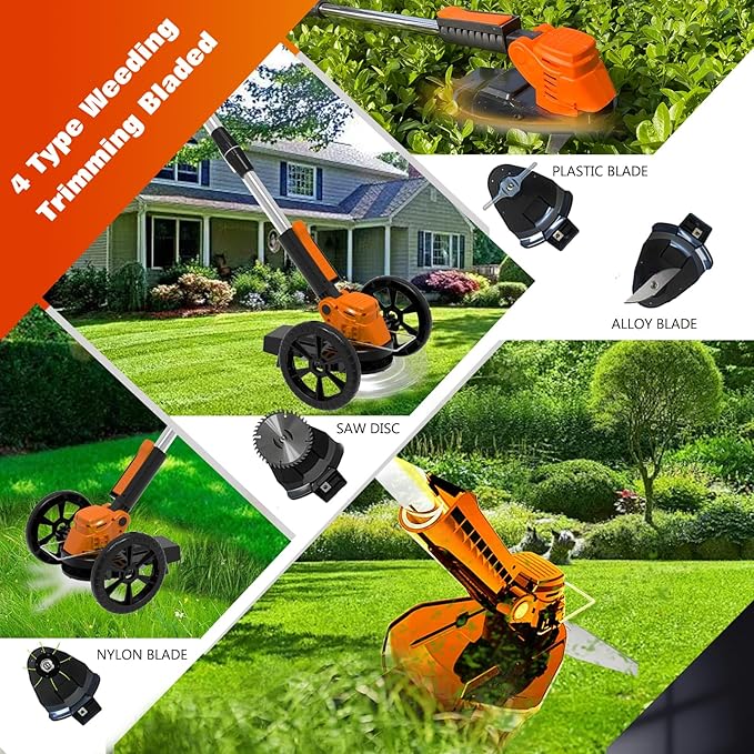 Electric Weed Wacker Eater Cordless Battery Powered, Weed Trimmer 21V Lightweight No-String with 2 Battery Operated & Wheels, 3 in 1 Stringless Grass Trimmer/Edger/Brush Cutter for Garden Yard Lawn