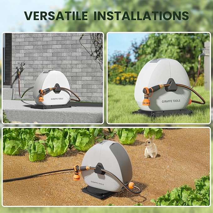 Giraffe Tools 130FT Heavy Duty Ground Retractable Hose Reel, 1/2 Inch Automatic Rewind Garden Hose Reel for Lawn & Yard, Swivel Base for Concrete/Patio, Durable Ground Mount Helper