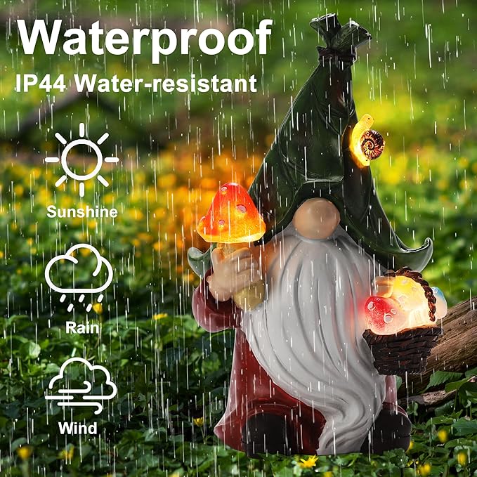 Gnome Solar Garden Statue with 3 LED Lights, Mushroom-Picking Gnome Statue Outdoor Decor for Patio, Yard, Balcony, Lawn Ornament, Unique Gift for Mom