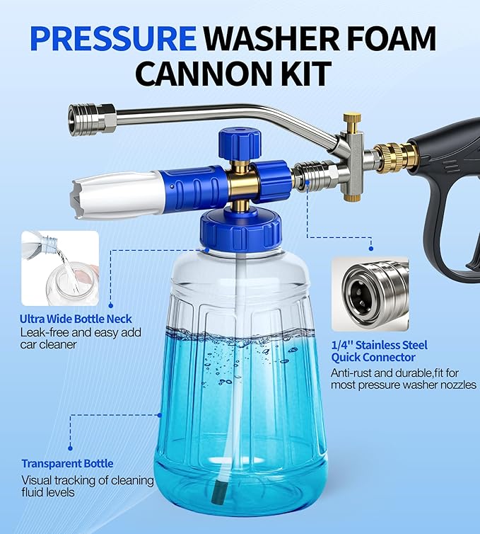 Dual Spray Foam Cannon Power Washer Gun, 4350 PSI High Pressure Short Gun Snow Foam Lance with 1/4 Inch Quick Connector, Car Wash Sprayer with 5 Pressure Washer Nozzle Tips for Car Cleaning