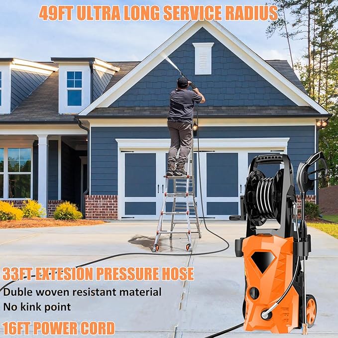 5000PSI Pressure Cleaner - 2025 New Power Cleaner with Upgraded 33ft Pressure Cleaner Hose Reel, Foam Cannon, 4 Nozzle Set, Power Cleaner for House/Patios/Car/Fence, Orange