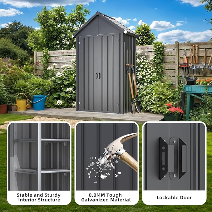 AECOJOY Outdoor Storage Cabinet Waterproof, Vertical Tall Sheds Cabinet with Shelves and Double Door, Garden Tool Sheds & Outdoor Storage Cabinet Weatherproof for Backyard, Patio, Lawn, Dark Gray