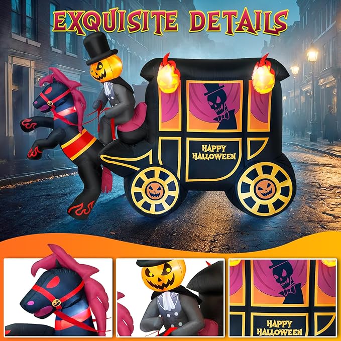 10FT Long Halloween Inflatables Built-in LED Light Pumpkin-Headed Horse Carriage, Giant Halloween Decorations Outdoor Blow Up Yard Decorations Spooky Ghost Carriage Halloween Blowups for Lawn Party