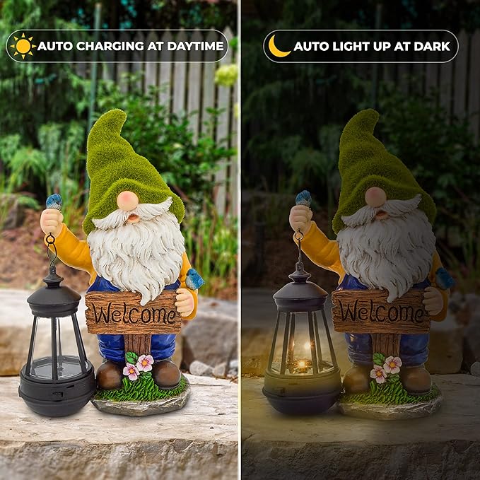 Christmas Garden Gnomes Outdoor - Flocked Gnome Statue Holding Lantern with Solar LED Lights | Gnomes Garden Decorations for Patio, Yard, Lawn Ornaments - Gnome Gifts