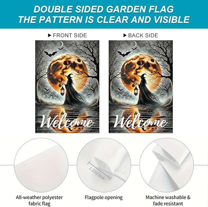 Halloween Garden Flag 12x18 Inch Witch Welcome Spooky Flag Full Moon Bats Haunted Outdoor Yard Decor House Banner Porch Lawn Patio Home Decoration