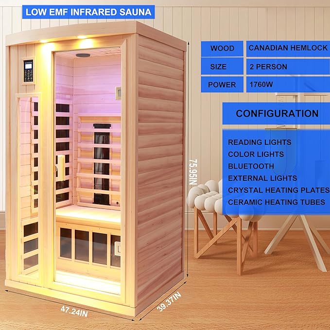Ceramic 2 Person Infrared Sauna, Far Infrared Sauna for Home, Hemlock Wood Saunas Room, 2 in 1 Indoor Sauna with Low EMF Heaters + Ceramic Heating Cubes-Chromotherapy-Bluetooth Speaker