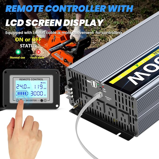 24V 3000W Pure Sine Wave Inverter 24V DC to 110V/120V AC Converter with 4AC Outlets, 5V/3.4A USB, Remote Control with on-Screen Display, Off-Grid Solar Power Inverter for Truck, Home, Vehicles, RV