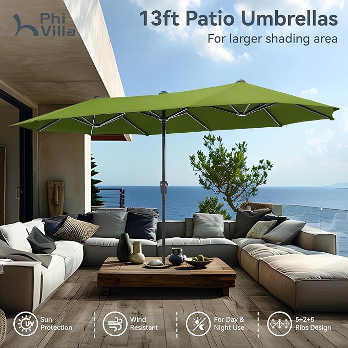 PHI VILLA 13ft Large Patio Umbrellas, Double-Sided Outdoor Market Rectangle Umbrella for Outside, Lime Green