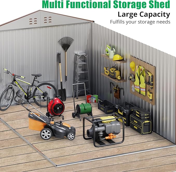 8X12 FT Large Metal Outdoor Storage Shed, Galvanized Steel Garden Tool Shed with Lockable Double Doors & Ventilation for Bicycles, Tools, Lawnmowers, Backyards, Patios, Lawns, Brown