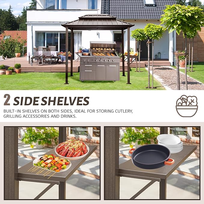 Domi 8'x6' Grill Gazebo Hardtop Aluminum BBQ Gazebo with Bar Shelves and Ceiling Hooks, Double Metal Roof Outdoor Gazebos for Patio Lawn Garden Deck (Dark Brown)