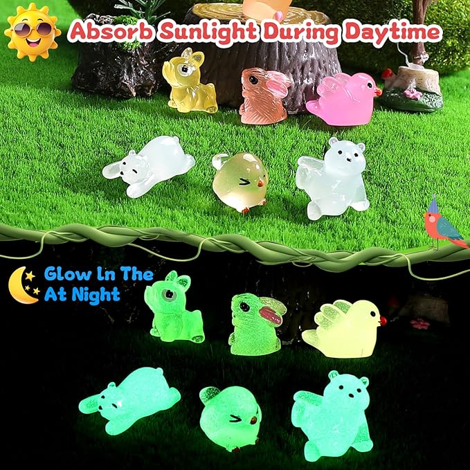 Luminous Mini Resin Animals 100 Pcs Glow in The Dark Resin Animals 100 Styles Miniature Fairy Garden Mini Ducks Figurines Slime Charm for Accessories Landscape Aquarium Potted Decoration