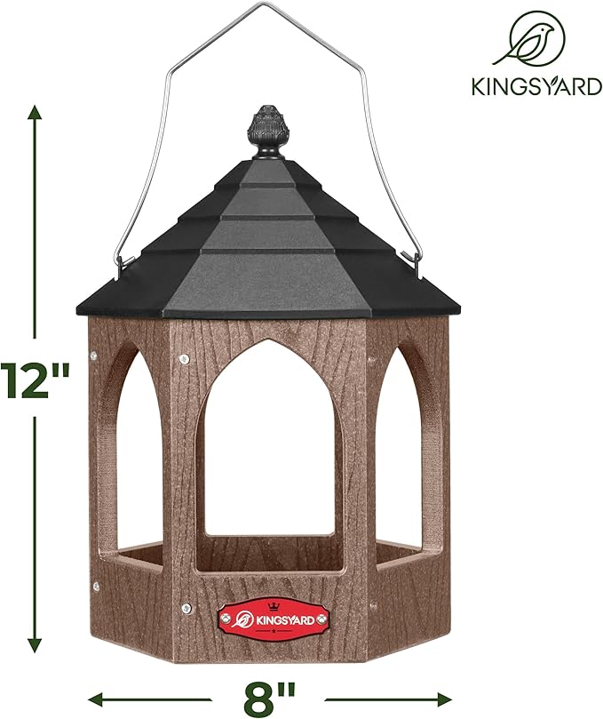 Kingsyard Platform Bird Feeder for Outdoor Hanging - Gazebo Style Recycled Plastic Wild Bird Feeding Station with Rain-Proof Roof & Metal Mesh Tray. Brown