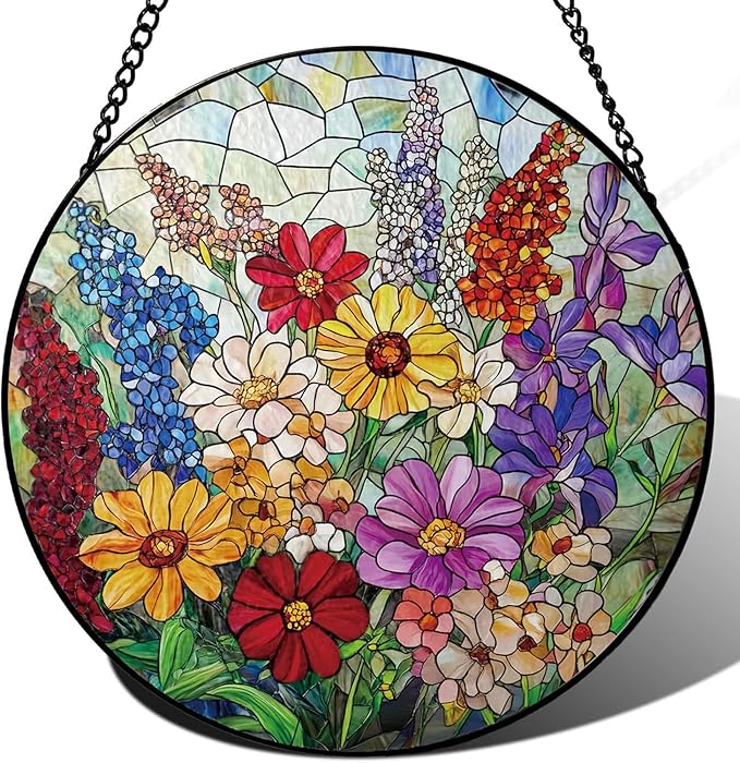Colorful Wildflowers Suncatcher -7.9 in Stained Glass Window Hanging Sun Catcher Garden Decor