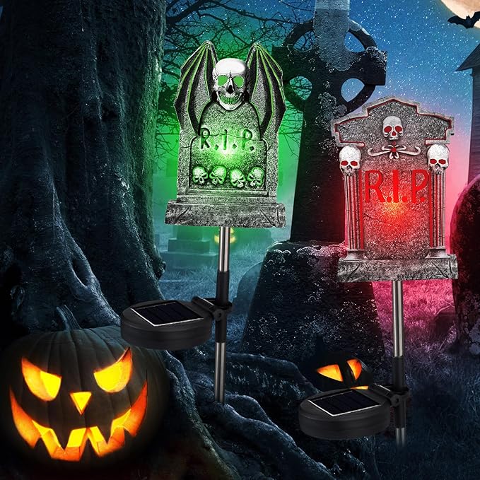 Retisee 4 Pack Halloween Tombstone Solar Lights Outdoors Graveyard Tombstones Glow in The Dark Solar Yard Decorations Waterproof Lights Pathway Halloween Party Favors for Lawn Porch LED(Gravestone)