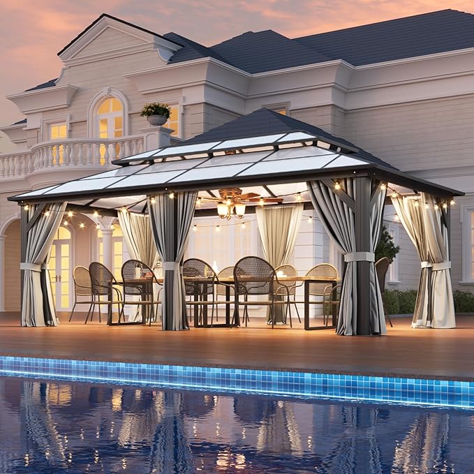 Aoxun 12'x20' Hardtop Gazebo, Aluminum Frame Permanent Pavilion with Curtains and Netting, Outdoor Polycarbonate Double Roof Canopy, Designed for Patio, Garden, Lawns (Gray)