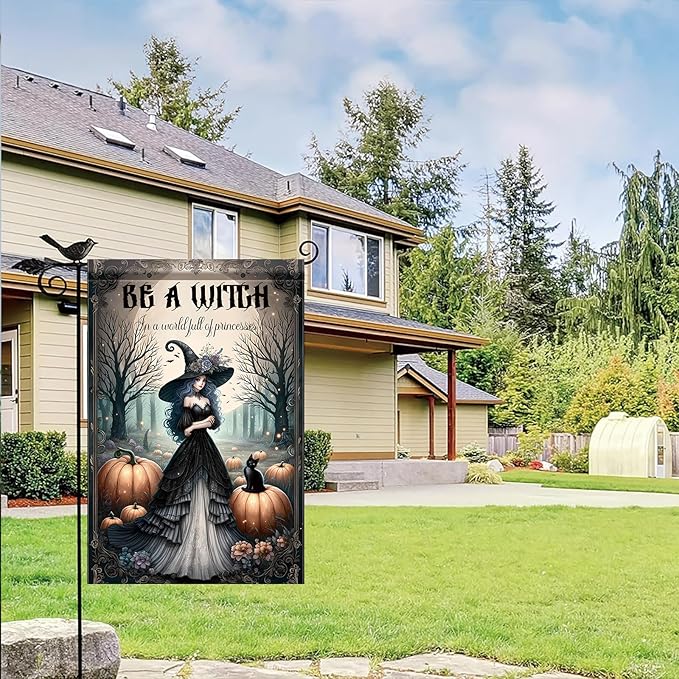 Halloween Witch Garden Flag 12x18 Inch Double Sided for Outside Witch in Black Dress Pumpkin Cat Yard Flag for Outdoor Holiday Home Decor