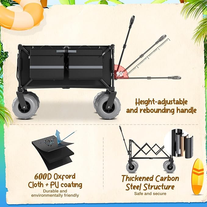 Beach Wagon with Big Wheels for Sand Heavy Duty Collapsible Wagon with 9" All Terrain Inflatable Tires, Foldable Beach Cart for Camping Outdoor Grocery Shopping Garden Sports