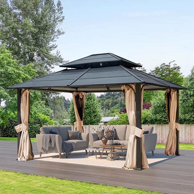 EROMMY 12'x14' Hardtop Gazebo, Double Roof Metal Canopy with Aluminum Frame, Netting and Shaded Curtains Included Permanent Outdoor Pavilion Gazebos for Patio, Backyard, Deck and Lawns