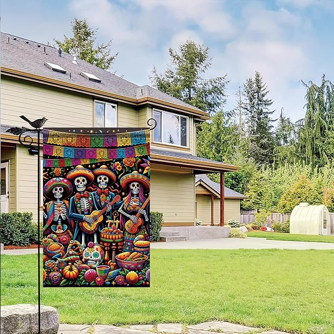 Day of the Dead Garden Flag 12x18 Inch Mexican Sugar Skull Skeleton Band Yard Banner Double Sided Outdoor Dia de los Muertos House Flag Colorful Skull Porch Lawn Decor