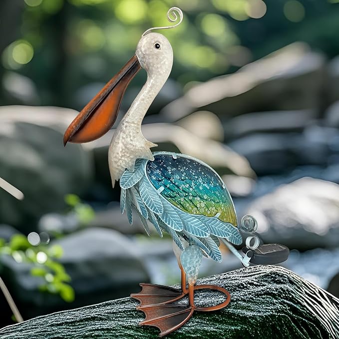 HONGLAND Solar Metal Pelican Statues Garden Sculpture & Statues, 19 Inch Glass Outdoor Pelican Yard Art Coastal Ocean Bird Decor Lawn Ornament for Backyard Porch Patio Decor（Blue-Green）