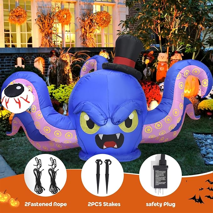 7FT L x 3FT H Halloween Inflatable Octopus Catching Eyeball Halloween Inflatable Giant Sea Monster with Build-in LED Lights, Blow up Halloween Outdoor Indoor Decorations Large Party Yard Decoration
