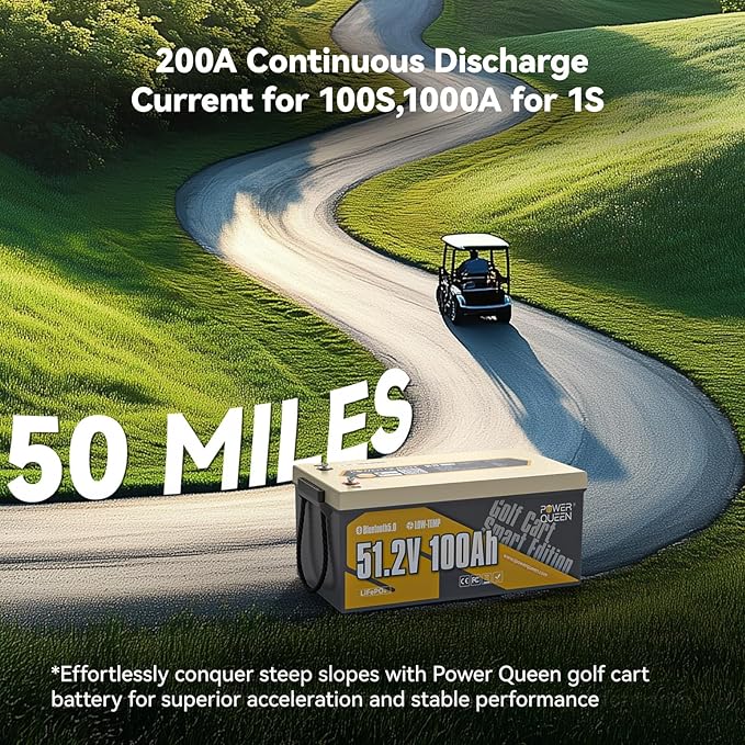 Power Queen LiFePO4 Battery 48V 100Ah Lithium Golf Cart Battery, Lithium Battery with Bluetooth 5.0, Built-in 200A Smart BMS with Low-temp Protection for 5kW Motor Golf Carts Club Car DS E-Z-Go TXT