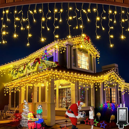 66ft LED Christmas Lights Outdoor with 140 Drops, Christmas Decorations Hanging Lights 490 LED 8 Lighting Modes, Outsite Fairy String Lights for House Xmas Wedding Party Holiday Decoration Warm White