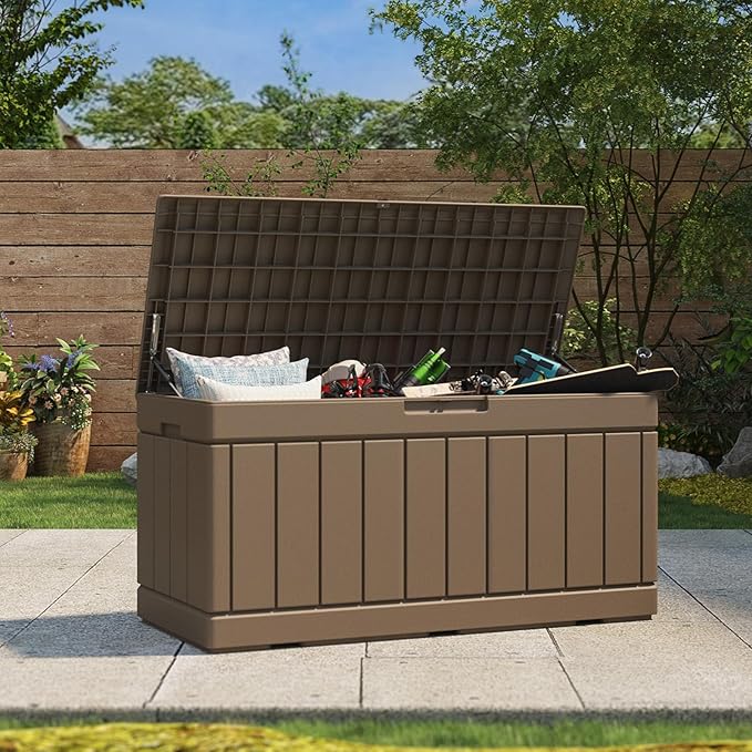 Patiolife 85 Gallon Resin Deck Box, Wood Like Outdoor Storage Box for Garden Tools, Pool Supplies, Waterproof and Lockable, Brown