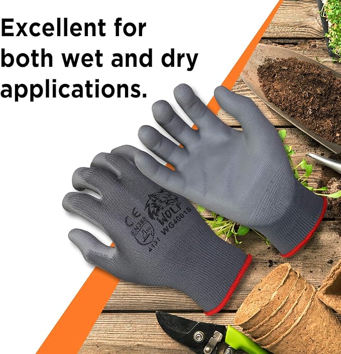 WOLF Polyurethane Palm Coated Nylon Shell Work Gloves, Construction, Mechanic, Warehouse, Yard Work, Gardening
